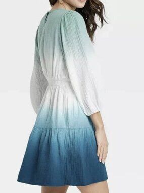 Universal Thread Dress Women's medium Tie-Dye Blue Ombré Long Sleeve Tiered